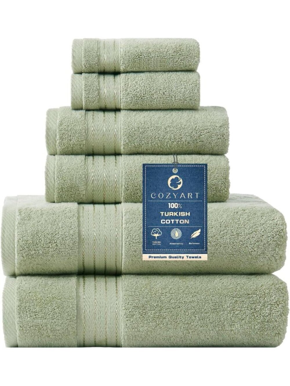 Luxury Sage Green Bath Towel Set - 6 Pcs, Soft 100% Turkish Cotton, Ultra